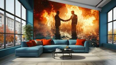 Two Men Shaking Hands Amidst Fire and Water Wall mural