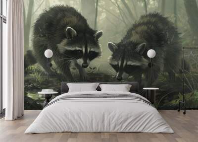 Two Raccoons in the Forest Wall mural