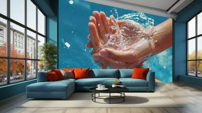 Woman washing cleaning hands by both two hands purity transparent water blue background Wall mural