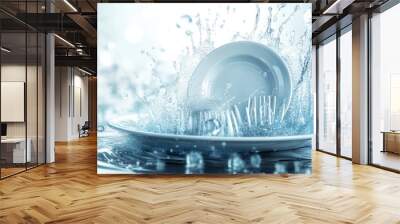 3D promotional design featuring a clean plate with a water splash and soap bubbles. Ideal for a dishwasher machine ad poster or dishwashing advertising background template, showcasing realistic shinin Wall mural