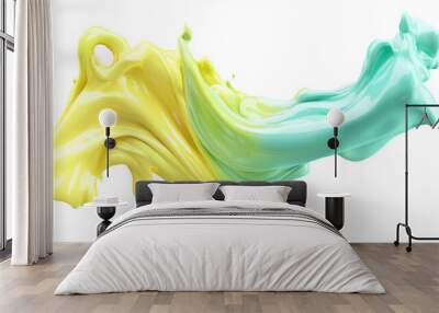 3D render. Swirling yellow and mint green paint splashes, isolated against a white background. Liquid splash artwork. Abstract twisted brushstrokes. Wall mural