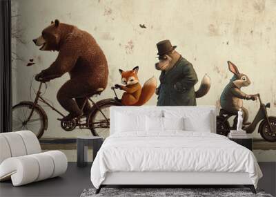 A brown bear is riding a bike. A fox, monkey, hippo, and rabbit are on a scooter. An old man in a hat and coat looks like he's from a long time ago. The picture looks like a vintage drawing. Wall mural