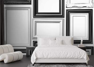 A collection of blank black and white frames, isolated on a white background Wall mural