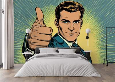 A cool businessman gives a thumbs-up, drawn in a retro comic book style. Wall mural