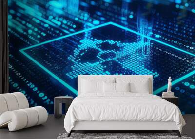 A digital hazard warning sign with binary code in a neon blue style on a dark blue background, conveying a cybersecurity concept. 3D rendering. Wall mural