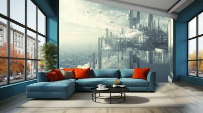 A futuristic city scene, full of technology and new ideas, created using computer graphics. Wall mural