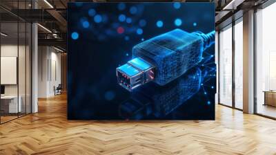 A low poly 3D illustration of an Ethernet cable connected to a network switch, rendered in dark blue. The design highlights internet connectivity and global network information technology.  Wall mural