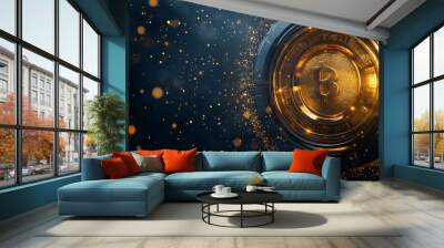 A low poly illustration of a bank vault door adorned with a golden dust effect. The design showcases sparkling stardust and glittering gold particles set against a dark background. The vault door. Wall mural