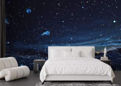 A picture of salt that looks like the night sky, with dots, lines, and shapes like planets, stars, and space. It's a design for food and drinks.low poly wireframe. Wall mural