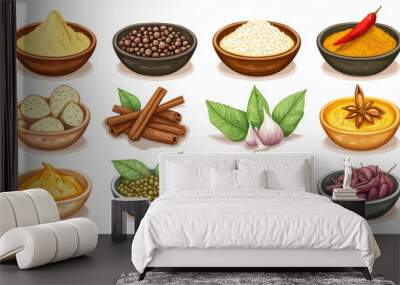 A selection of aromatic spices and condiments from India, including ginger, cinnamon, bay leaves, vanilla, star anise, hot chili pepper, curry powder, nutmeg, garlic, saffron, and wasabi sauce, illust Wall mural