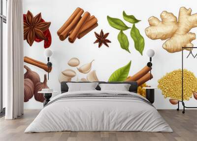 A selection of aromatic spices and condiments from India, including ginger, cinnamon, bay leaves, vanilla, star anise, hot chili pepper, curry powder, nutmeg, garlic, saffron, and wasabi sauce, illust Wall mural