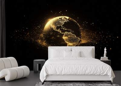 A simple, geometric image of Earth with shimmering gold dust. The image is made up of dots and lines, creating a sparkling effect on a dark background.low poly wireframe. Wall mural