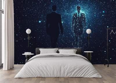 A vectorized abstract image of a businessman in a suit with a crown. The design appears in a starry sky or space style, made up of points, lines, and geometric shapes similar to planets, stars. Wall mural