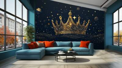 Abstract depiction of a gold crown, visualized as a starry sky or space. The image is formed from points, lines, and shapes representing planets, stars, and the universe. Vector illustration Wall mural