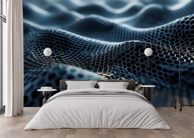 Abstract metallic mesh forming a wave shape. 3D metal mesh made up of hexagons. Graphene molecular lattice. Neural network. 3D render. Wall mural