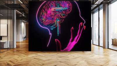 AI. Electronic brain. Neon Silhouette of human head with artificial intelligence hanging over palm hand. Cybernetic artificial neural network. Electronic mind. Neuronet, deep machine learning concept. Wall mural