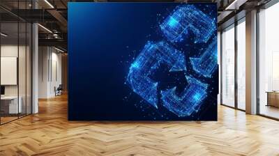 An AI chip surrounded by two digital recycling arrows, depicted in a low poly wireframe style with neon blue light effects. This vector illustration serves as a technology background. Wall mural