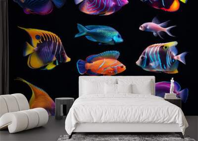 An array of cartoon-style aquarium fish, vividly colored and varied in size and shape, set against a clear aquatic backdrop. Each fish, from angelfish to clownfish and neon tetras. Wall mural