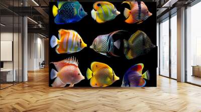 An array of cartoon-style aquarium fish, vividly colored and varied in size and shape, set against a clear aquatic backdrop. Each fish, from angelfish to clownfish and neon tetras. Wall mural