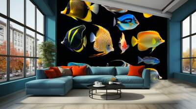 An array of cartoon-style aquarium fish, vividly colored and varied in size and shape, set against a clear aquatic backdrop. Each fish, from angelfish to clownfish and neon tetras. Wall mural