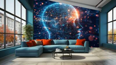 Artificial intelligence in a humanoid head with a neural network, processing and analyzing big data. Features a digital brain learning and thinking. Represents a cyber mind with a technology backgroun Wall mural