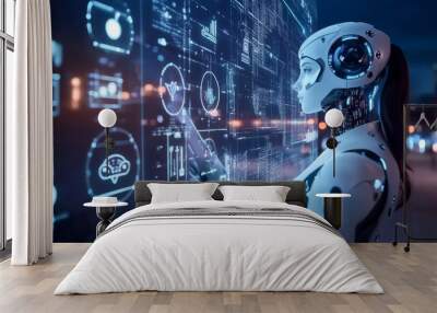 Artificial intelligence manages a smart city through the internet and an HUD interface with icons representing urban infrastructure. It involves IoT technology in information and communication . Wall mural