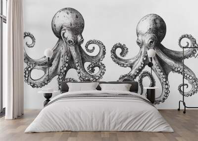 Black and white drawing of a giant octopus with eight writhing tentacles, shown in two distinct sizes. Wall mural