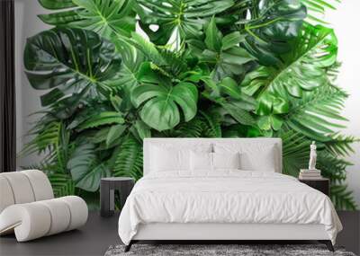 Green leaves of tropical plants including Monstera, palm, fern, rubber plant, pine, and birds nest fern arranged indoors in a garden setting. Wall mural