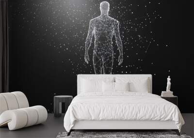 Low poly wireframe depiction of a classically proportioned man. Vector illustration with a starry sky or cosmic theme, featuring a structure made of points, lines, and shapes with celestial. Wall mural