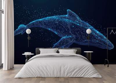 Polygonal blue whale. Digital marine animal concept in low poly style. Vector illustration featuring a whale made up of lines, dots, and shapes against a starry sky or cosmic backdrop. The whale . Wall mural