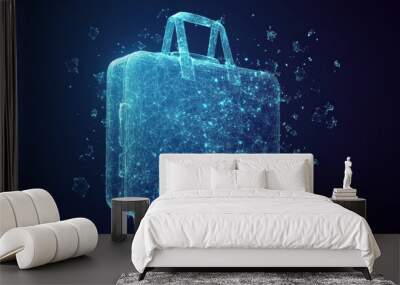 Polygonal suitcase for travel. Recreation or travel concept. Vector illustration featuring mesh spheres created from drifting particles. Thin line design in a blue structural style. Wall mural