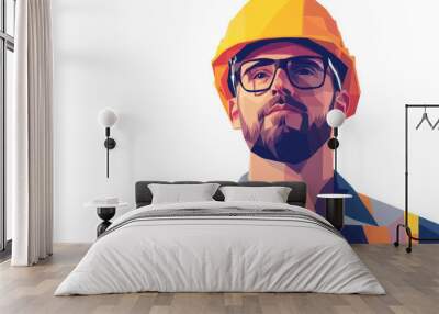 Polygonal vector illustration of a construction worker wearing a uniform, glasses, and a yellow safety helmet. The builder is depicted in a hard hat, isolated on a white background, rendered in a mode Wall mural