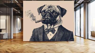 pug wearing a suit smokes a cigar.English bulldog is a policeman.herding dogs, bloodhounds,German shorthaired pointers,dachshunds.Animals are dressed up in clothes.The picture is a hand-drawn sketch. Wall mural