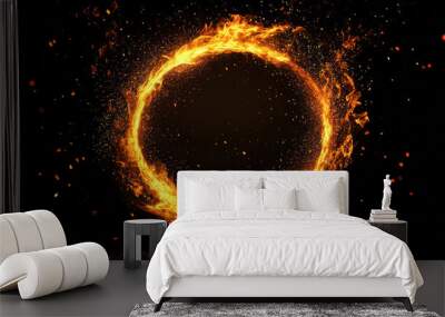 Ring of fire against a black background, with fire sparks and abstract dark glittering particles. Wall mural