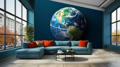 The 3D earth graphic symbolizing global trade typically features a stylized globe with interconnected lines or arrows representing trade routes. The earth itself is often depicted in vibrant colors Wall mural