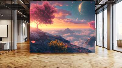 The fantasy digital artwork showcases a breathtaking landscape where vibrant, oversized trees rise majestically against a backdrop of a colorful sky. Rich hues of pink, purple, and orange blend seamle Wall mural