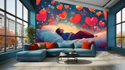 This 2D illustration presents a whimsical, dreamlike scene capturing the essence of Valentine's Day and love. A person is depicted in a serene state of dreaming, surrounded by soft pastel colors . Wall mural