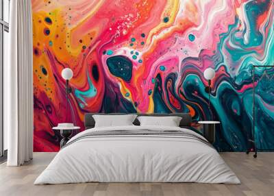 This 2D illustration showcases a vibrant and dynamic abstract mix of colors, creating a visually stimulating backdrop. The design features splashes and drips of paint that evoke the fluidity of liquid Wall mural