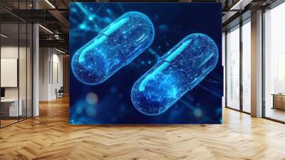 Two blue capsules are shown, representing medicine. The image uses a modern, geometric design with a wireframe background. Wall mural