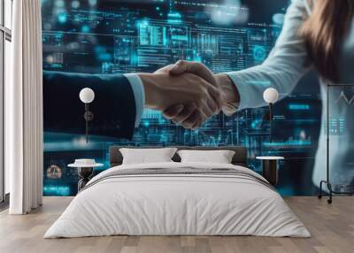 Two people working together for business success. The image shows technology and new ideas in a business setting. It's a simple design with a handshake, symbolizing a business agreement. Wall mural