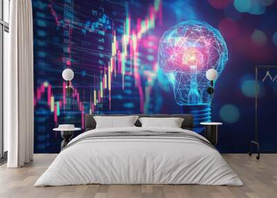 Vector illustration of 3D polygonal stock market candlesticks inside a digital light bulb, representing an economics innovation concept. Includes stock market graph charts and a lamp, illustrating a t Wall mural