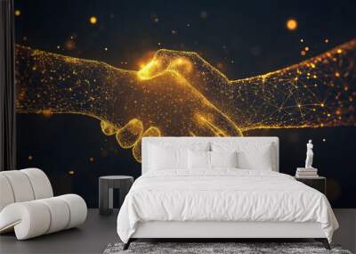 Vector illustration of a low poly business handshake with a golden dust effect. The design features sparkling stardust and glittering gold particles against a dark background. The handshake is depicte Wall mural