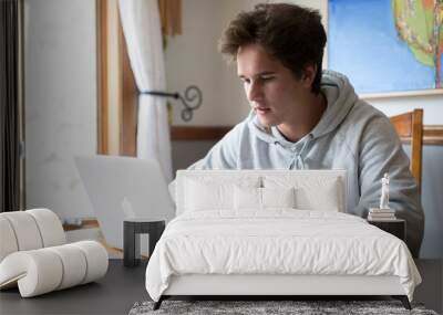 A caucasian male college student works on a laptop Wall mural