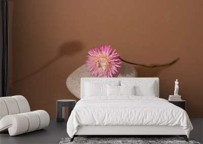 Dry pink flower and stone with dark shadow on a light brown background. Trend, minimal concept with copyspace Wall mural