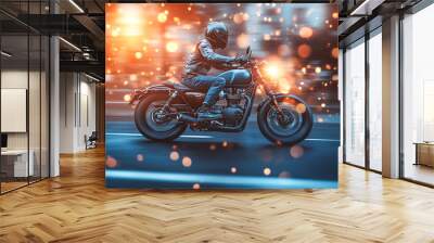 Motorcyclist on a large motorbike on a motorway at high speed. Wall mural