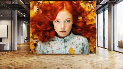 Portrait of a red-haired girl on autumn leaves, generative ai Wall mural