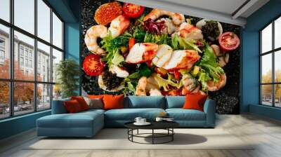 salad with shrimp, vegetables and crab meat on a black backgroun Wall mural