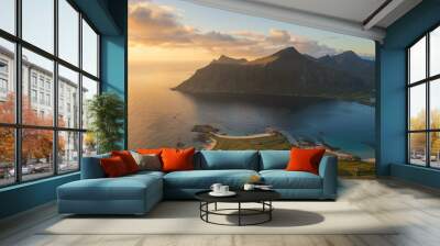 View from Flakstadtind mountain over beach, Lofoten Islands, Norway Wall mural