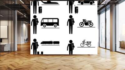 people traveling with various transportation with various luggage and baggage icon sign symbol vecto Wall mural