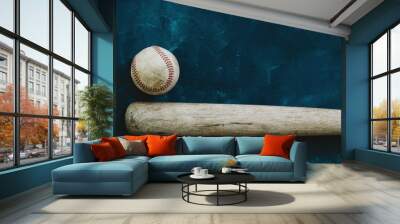 Baseball background with copy space by old used bat and ball. Wall mural